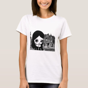 Big eye Goth girl Haunted house Original art T-Shirt