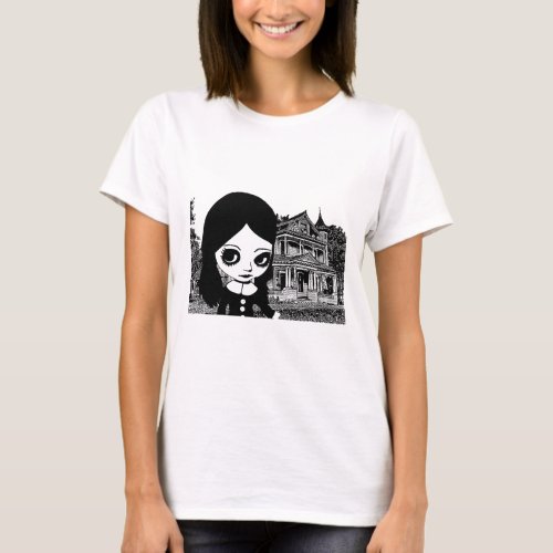 Big eye Goth girl Haunted house Original art   T_Shirt