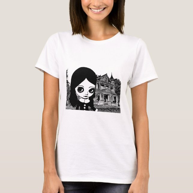 Big eye Goth girl Haunted house Original art   T-Shirt (Front)