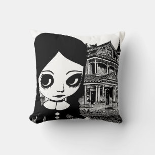 Big eye Goth girl Haunted house Original art Throw Pillow