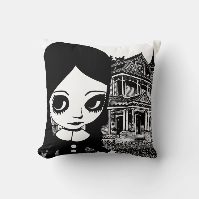 Big eye Goth girl Haunted house Original art  Throw Pillow (Front)