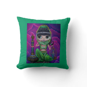 Big Eye Green Genie Girl and magic bottle Throw Pillow