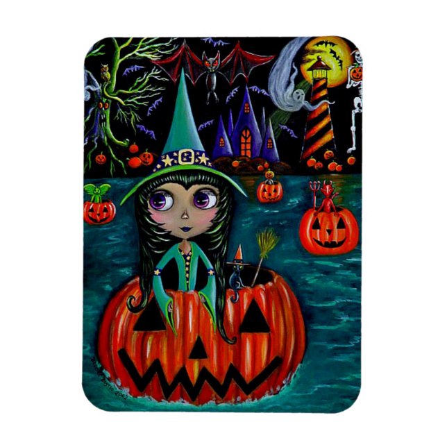 Big Eye Halloween Witch Girl Riding in a Pumpkin Magnet (Vertical)