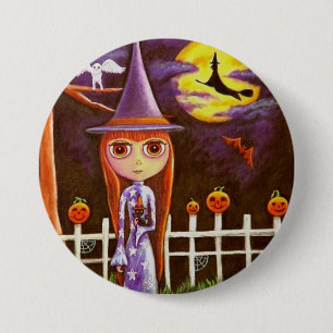 Big Eye Halloween Witch Pumpkins on Fence Owl Button