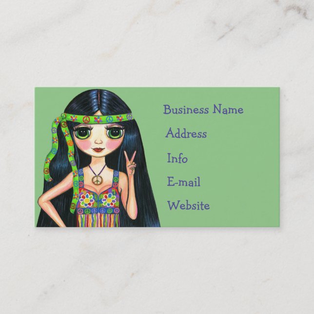 Big Eye Hippie Chick Flashing Peace Sign 1960s Business Card (Front)
