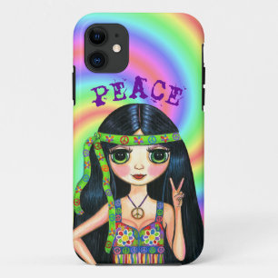 Big Eye Hippie Chick Peace Sign Cute 1960s 1970s iPhone 11 Case