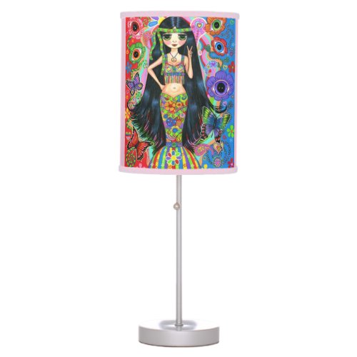 Big Eye Peace Sign Hippie Girl Mermaid in Headband Table Lamp