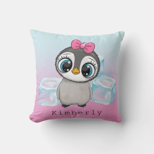 Big Eye Penguin with Pink Bow Custom Throw Pillow