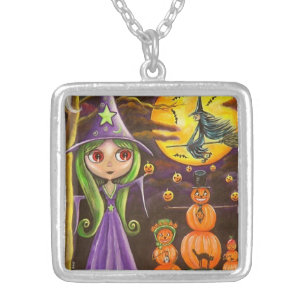 Big Eye Purple Halloween Witch Pumpkin People Silver Plated Necklace