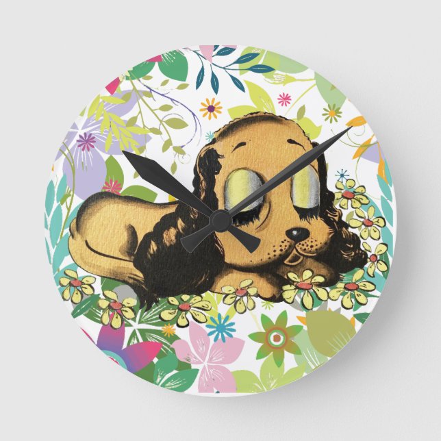 big eye sleeping Puppy Dog Cartoon Animal Art Round Clock (Front)