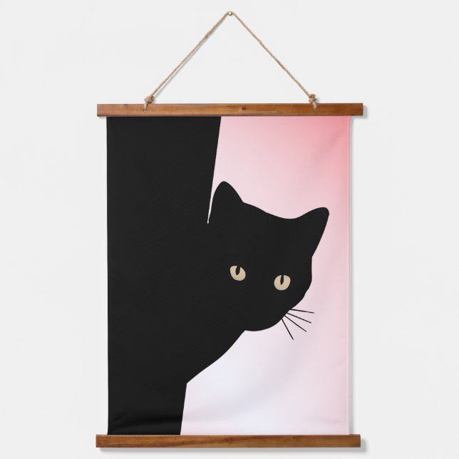 Big Eyed Black Cat on Pink Hanging Tapestry (Front)