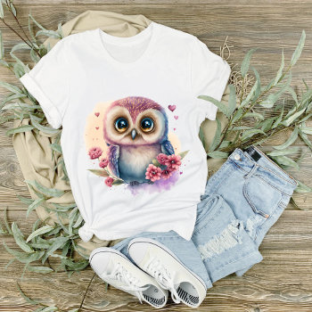 Big Eyed Blue And Tan Owl In Flowers Graphic T-shirt by PaintedDreamsDesigns at Zazzle