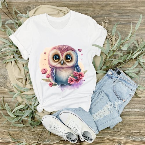 Big Eyed Blue and Tan Owl in Flowers Graphic T_Shirt