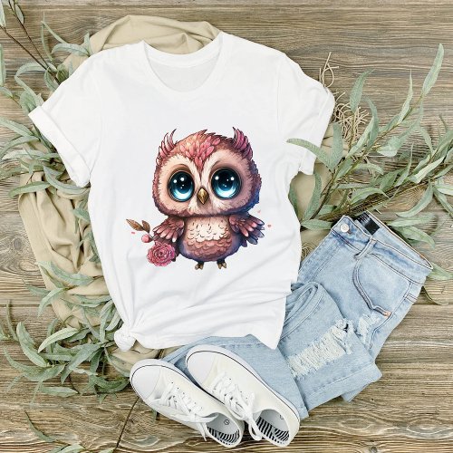 Big Eyed Blue Eyed Owl Holding A Rose Graphic  T_Shirt