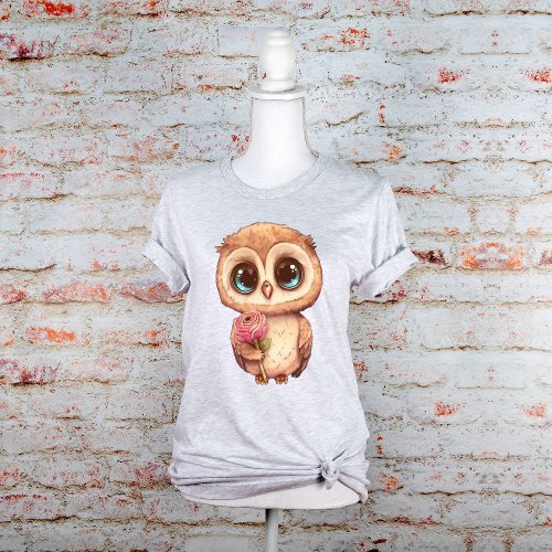Big Eyed Blue Eyed Owl Holding Single Rose Graphic T_Shirt