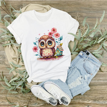 Big Eyed Blue Eyed Owl With House Graphic  T-shirt by PaintedDreamsDesigns at Zazzle