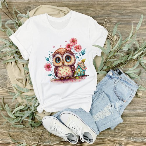 Big Eyed Blue Eyed Owl with House Graphic  T_Shirt