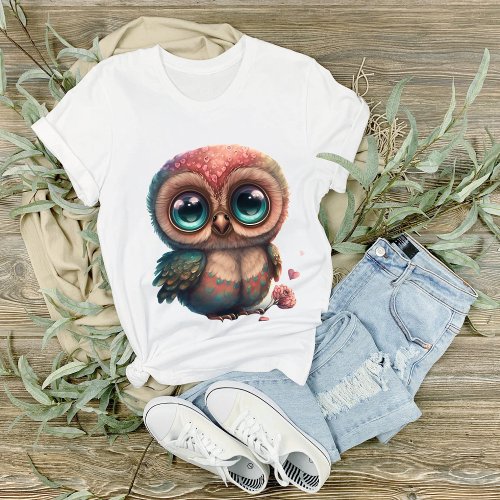 Big Eyed Blue Eyed Teal and Rose Owl Graphic T_Shirt