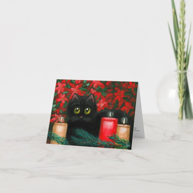 Big Eyed Christmas Cat Poinsettias Creationarts Holiday Card (Front)