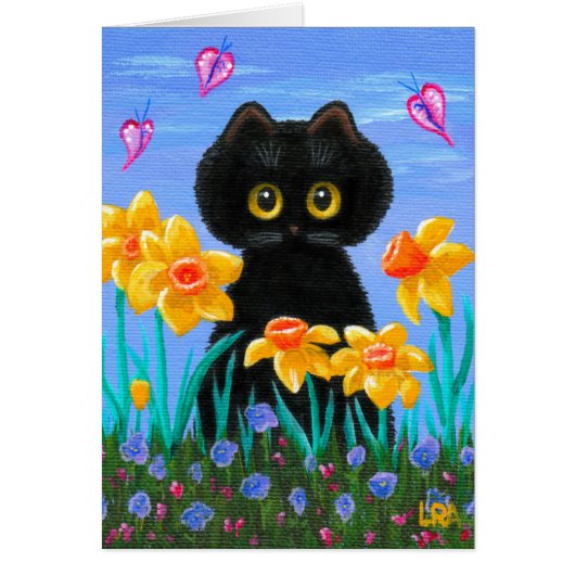 Big Eyed Funny Cat Daffodils Creationarts Cards (Front)