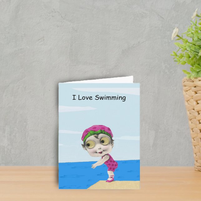 Big Eyed Girl Swimmer Note Card (Cute little girl big eyes pink polka dot bathing suit at blue lake in notecard.)