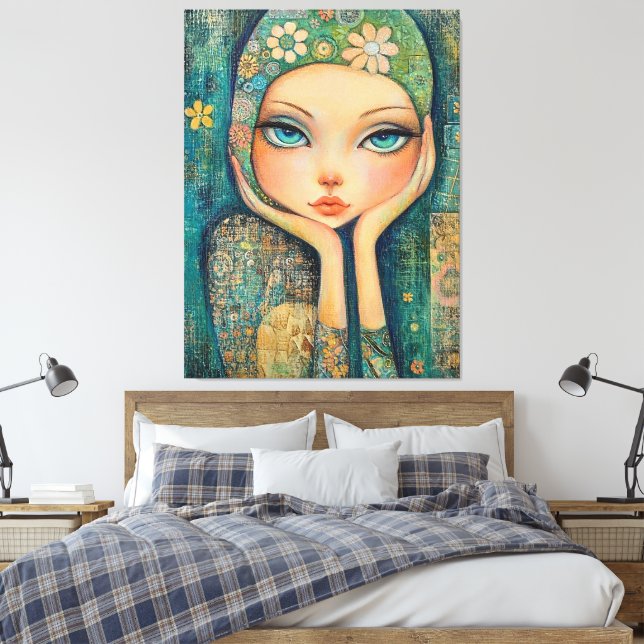 BIG EYED GIRL WHIMSICAL CANVAS ART PRINT (Insitu(Bedroom))