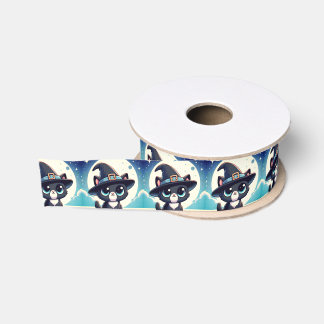 Big Eyed Kitty Witch with Full Moon Grosgrain Ribbon