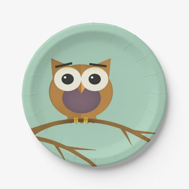 Big Eyed Owl on Branch with Full Moon Paper Plates (Front)