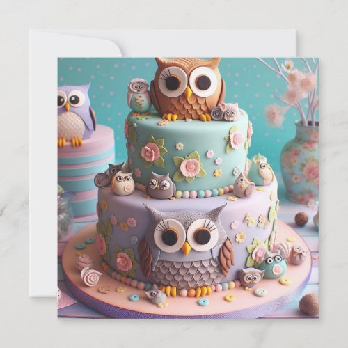 BIG EYED OWL THEMED BIRTHDAY CAKE  INVITATION