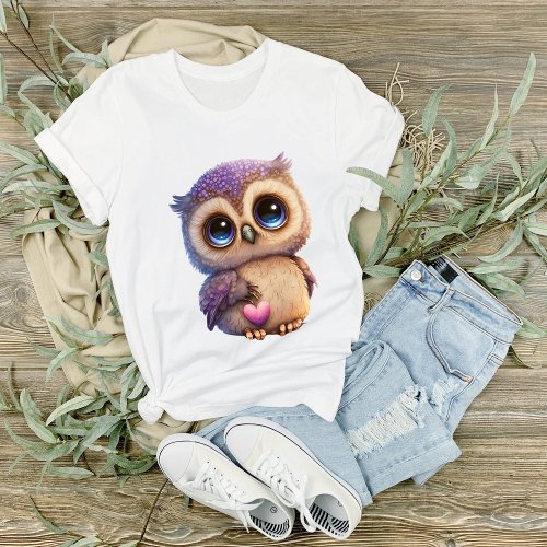 Big Eyed Purple Owl with Heart Graphic T_Shirt