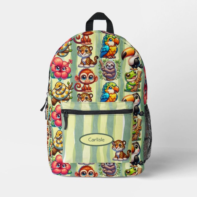 Big Eyed Rainforest Cartoon Friends Printed Backpack (Front)