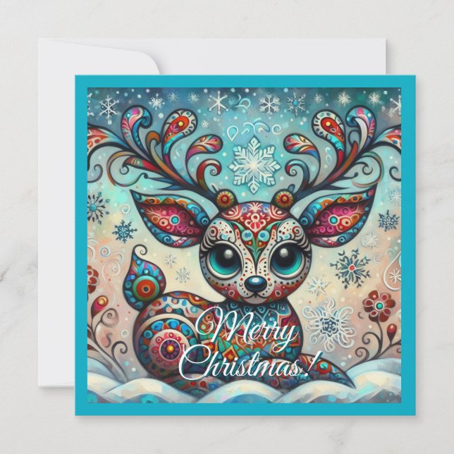 Big Eyed Reindeer – Whimsical Folk Art Xmas Charm Holiday Card (Front)