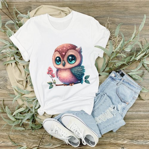 Big Eyed Teal Eyed Owl on Branch Graphic T_Shirt