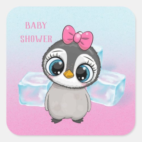 Big Eyes Cute Penguin with Pink Bow Baby Shower  Square Sticker