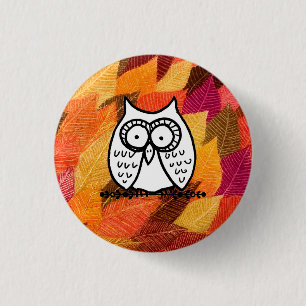Big Eyes Funny Cartoon Owl Drawing Leaves Button