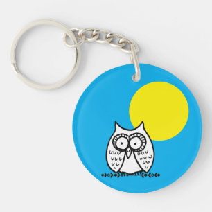 Big Eyes Funny Cartoon Owl & Moon Blue Keychain