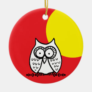 Big Eyes Funny Cartoon Owl & Moon Red Ceramic Ornament