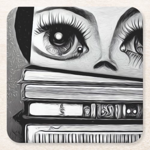 Big Eyes Over Book Stack Square Paper Coaster