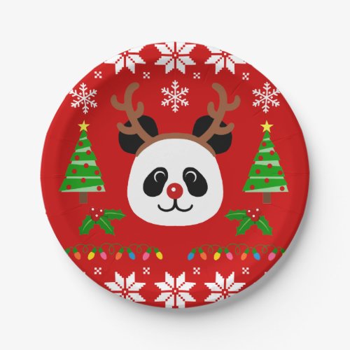 Big Face Panda Cartoon Christmas Antlers Paper Plates