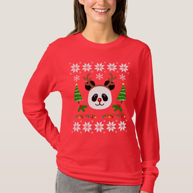 Big Face Panda Cartoon Christmas Antlers T-Shirt (Front)