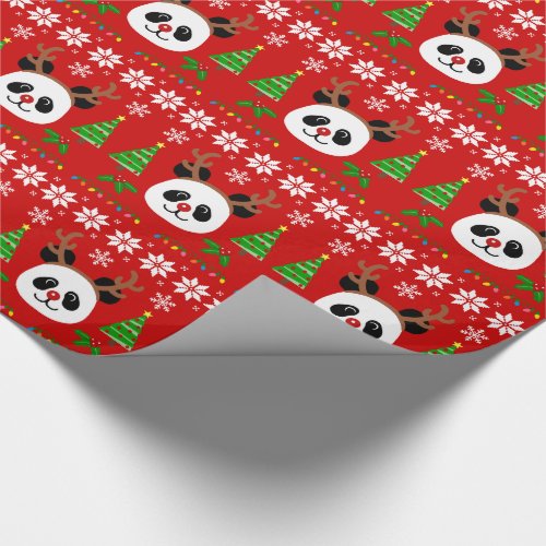 Big Face Panda Cartoon Christmas Antlers Wrapping Paper