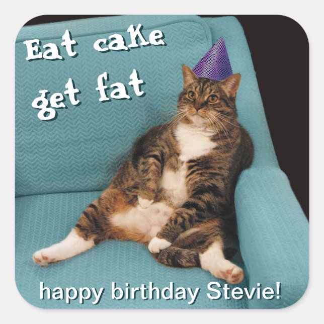 Big Fat Cat Sitting in Chair Purple Birthday Hat Square Sticker (Front)