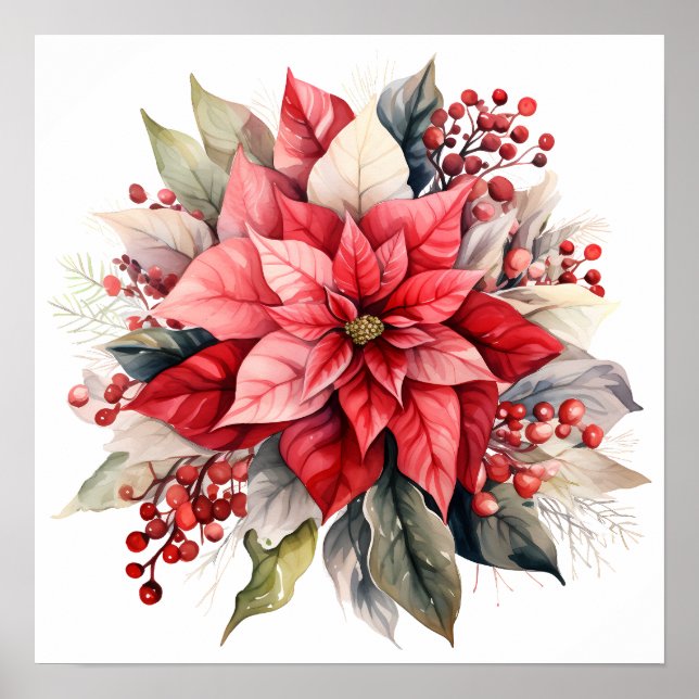 Big Festive Red Poinsettia Christmas Flower Poster (Front)