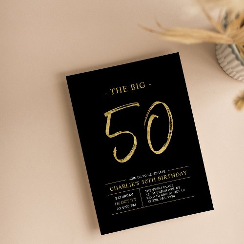 Big Fifty  Gold  Black 50th Birthday Party Invitation