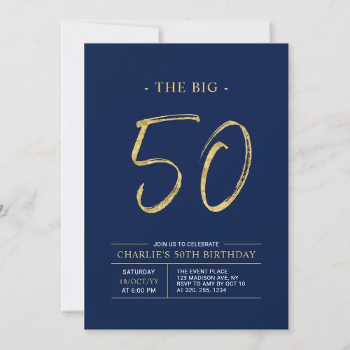 Big Fifty  Gold  Navy Blue 50th Birthday Party Invitation