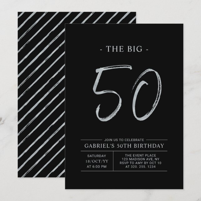 Big Fifty | Silver & Black 50th Birthday Party Invitation (Front/Back)