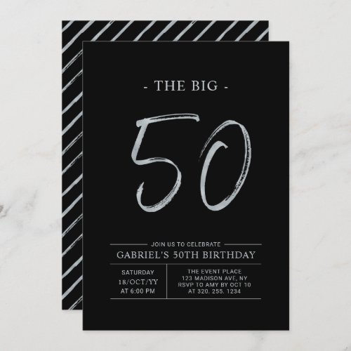 Big Fifty  Silver  Black 50th Birthday Party Invitation