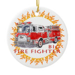 Big Firefighter Firetruck Ceramic Ornament