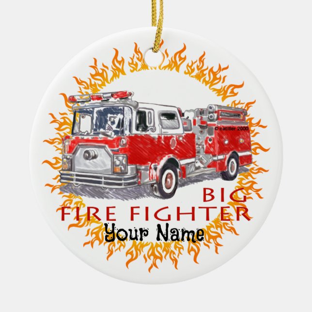 Big Firefighter Firetruck firefighters Ceramic Ornament (Front)