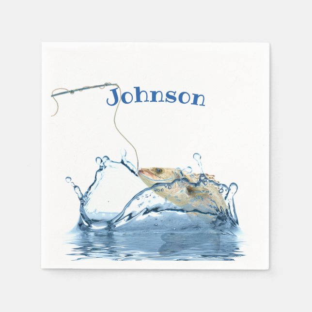 big fish hooked on pole in water napkins (Front)